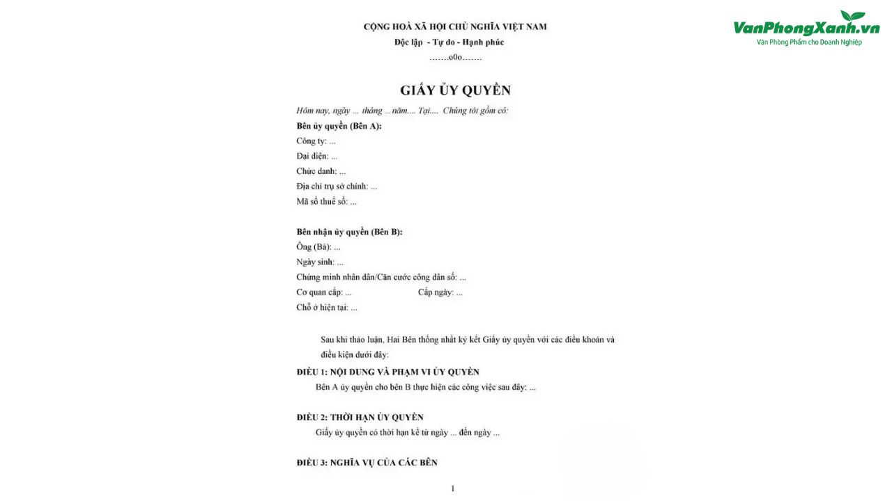 Cấu trúc cơ bản của một mẫu giấy ủy quyền đơn giản