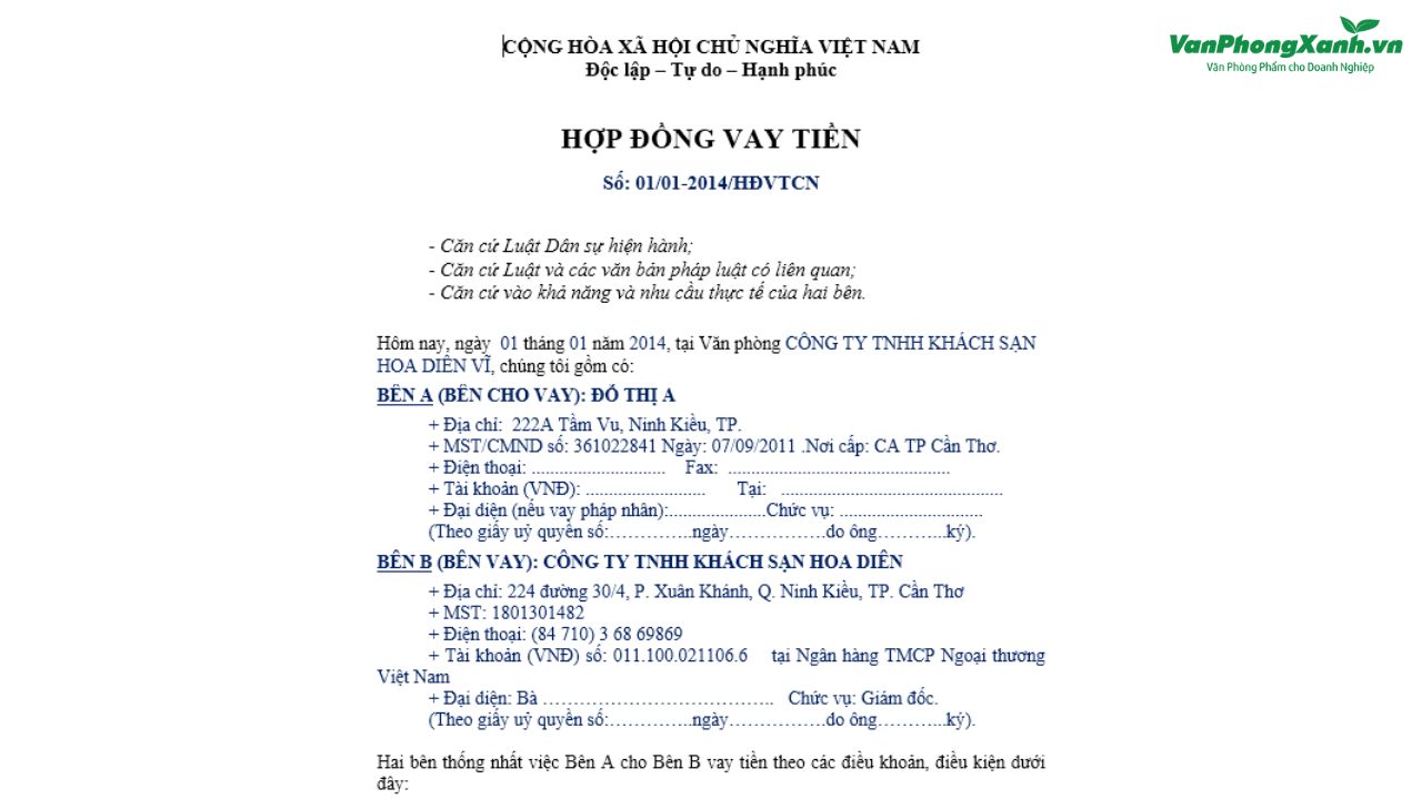 Cấu trúc cơ bản của một mẫu hợp đồng cho vay tiền